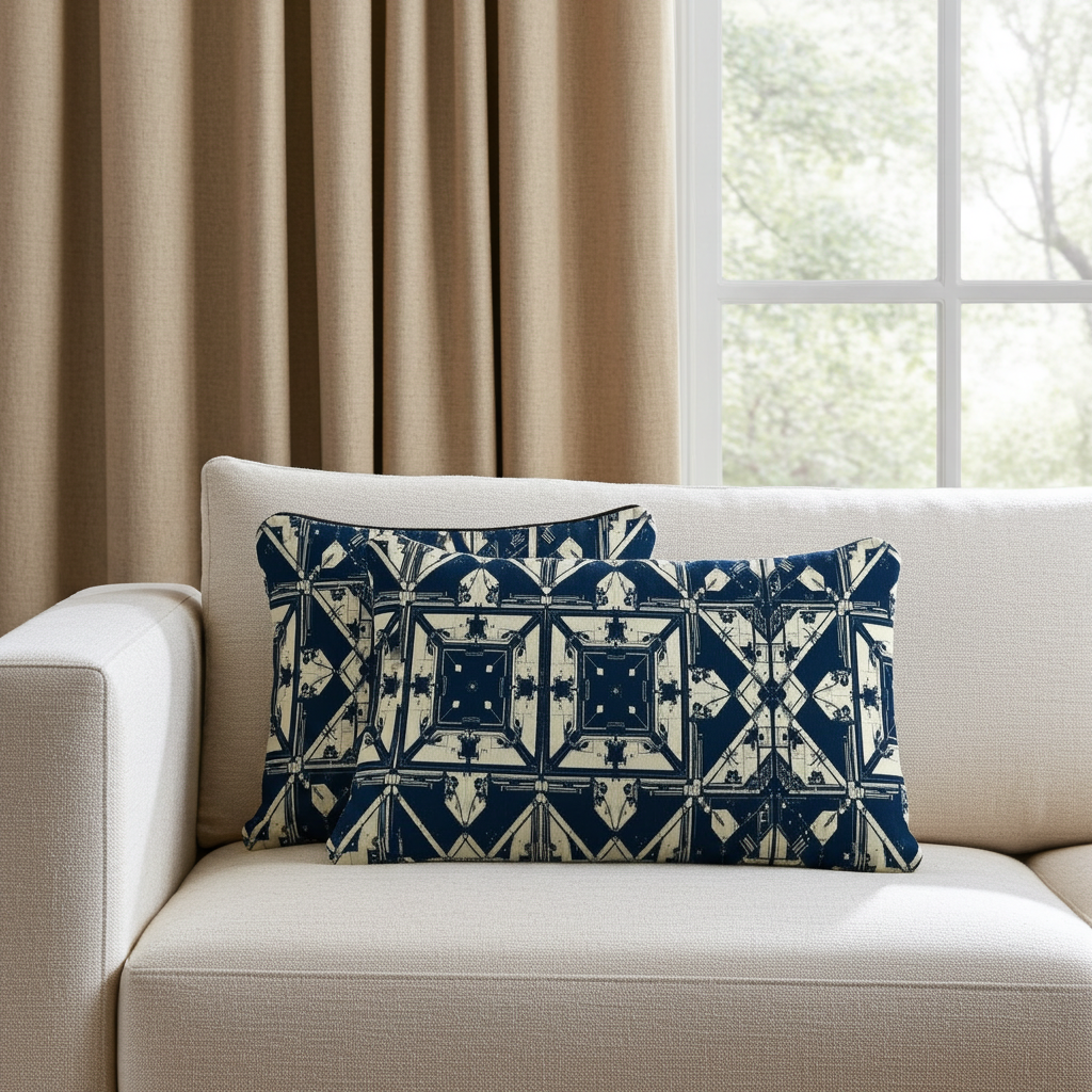 Decorative pillows with a geometric pattern on a beige sofa in a room with curtains and a window.