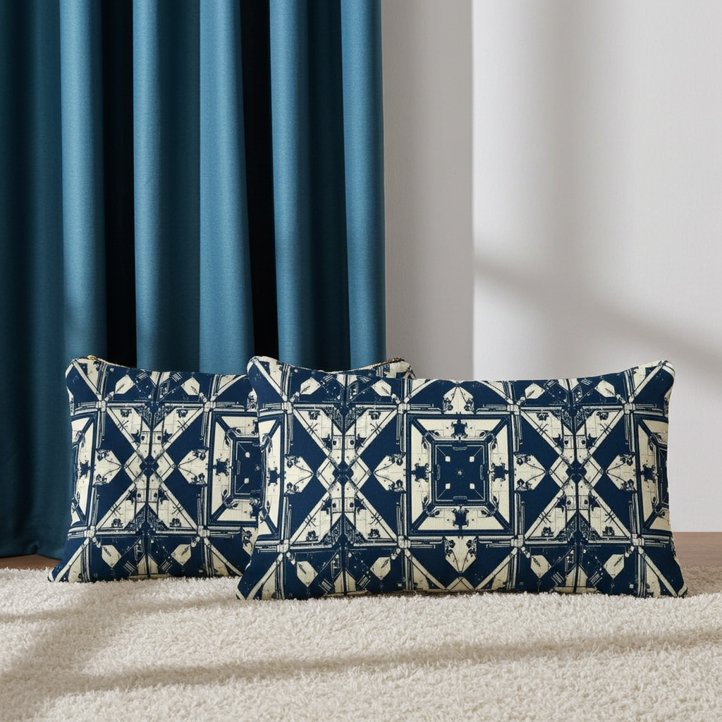 Two decorative pillows with a geometric pattern on a bed against a blue curtain.