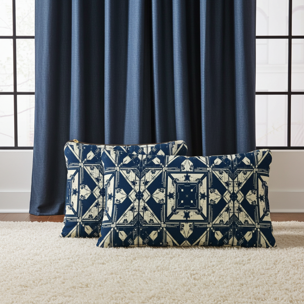 Two decorative pillows with a geometric pattern on a beige carpet in front of dark blue curtains.