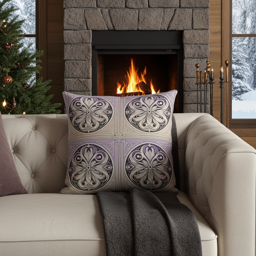 Decorative pillow on a couch in front of a fireplace with a Christmas tree in the background