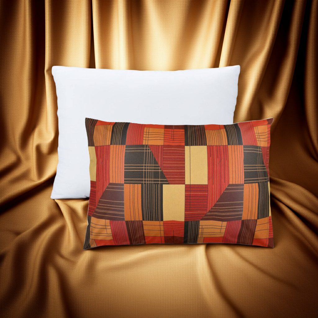 Patterned pillow on a gold fabric background