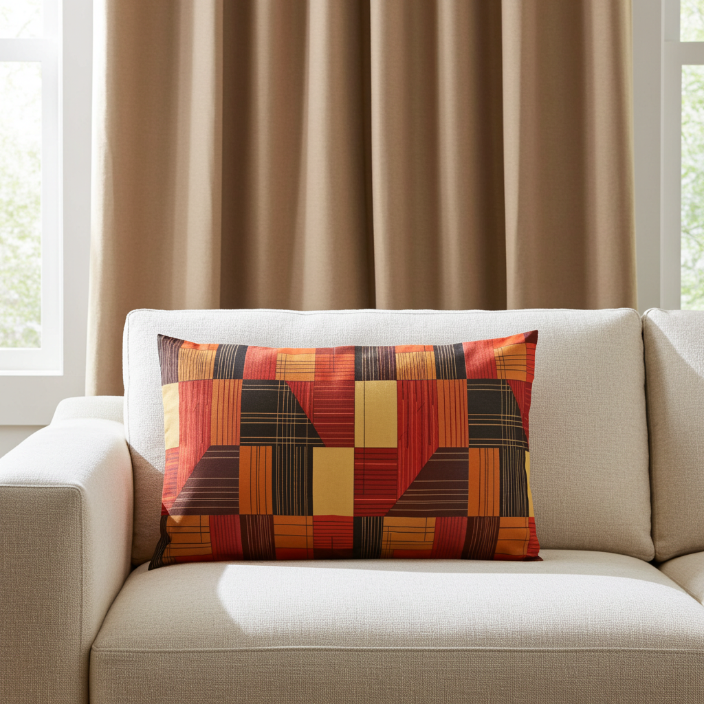 Colorful patchwork pillow on a beige sofa with brown curtains in the background