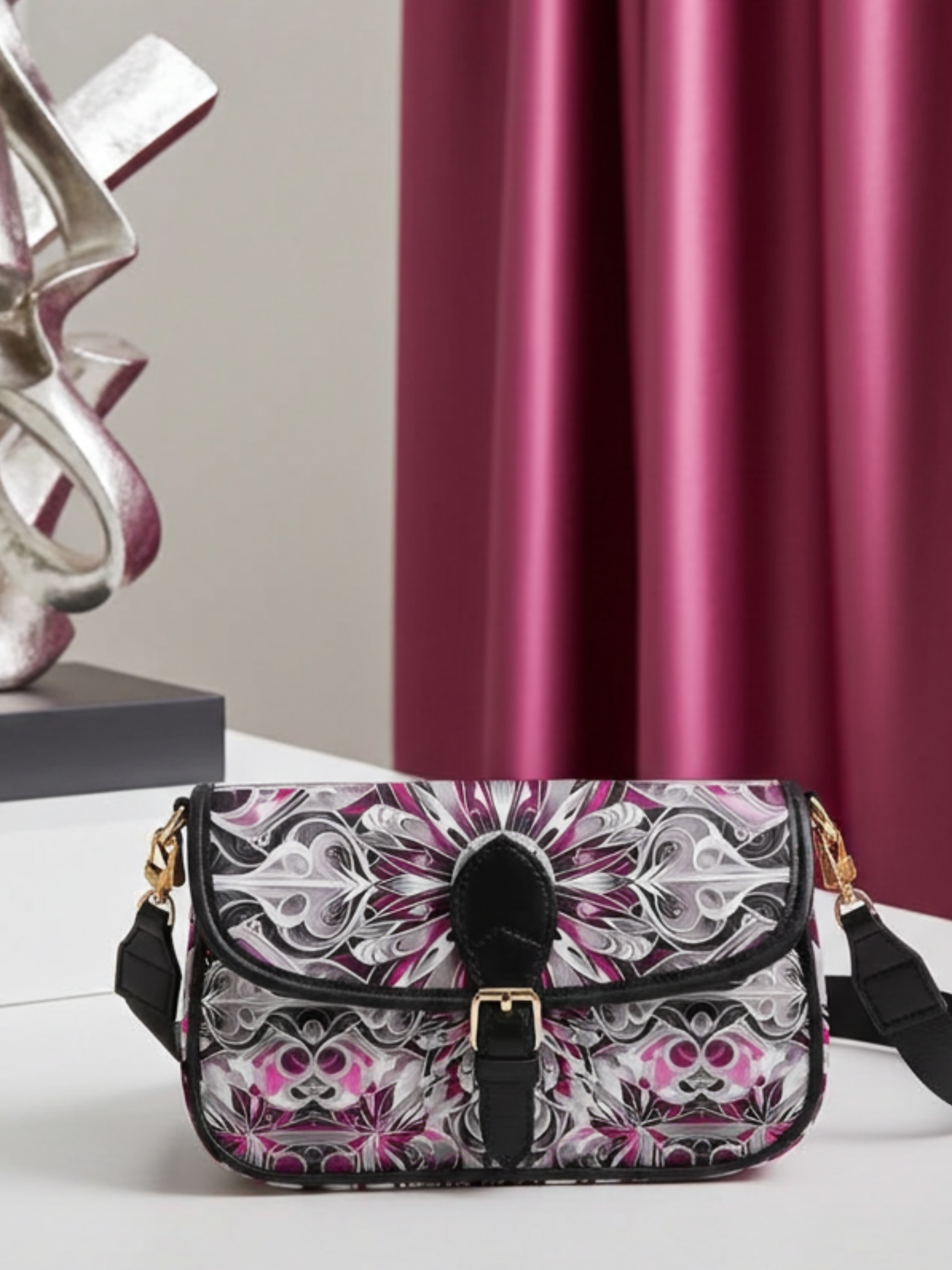 Stylish Magenta Leather Shoulder Bag with Floral Mandala Design & Multiple Compartments