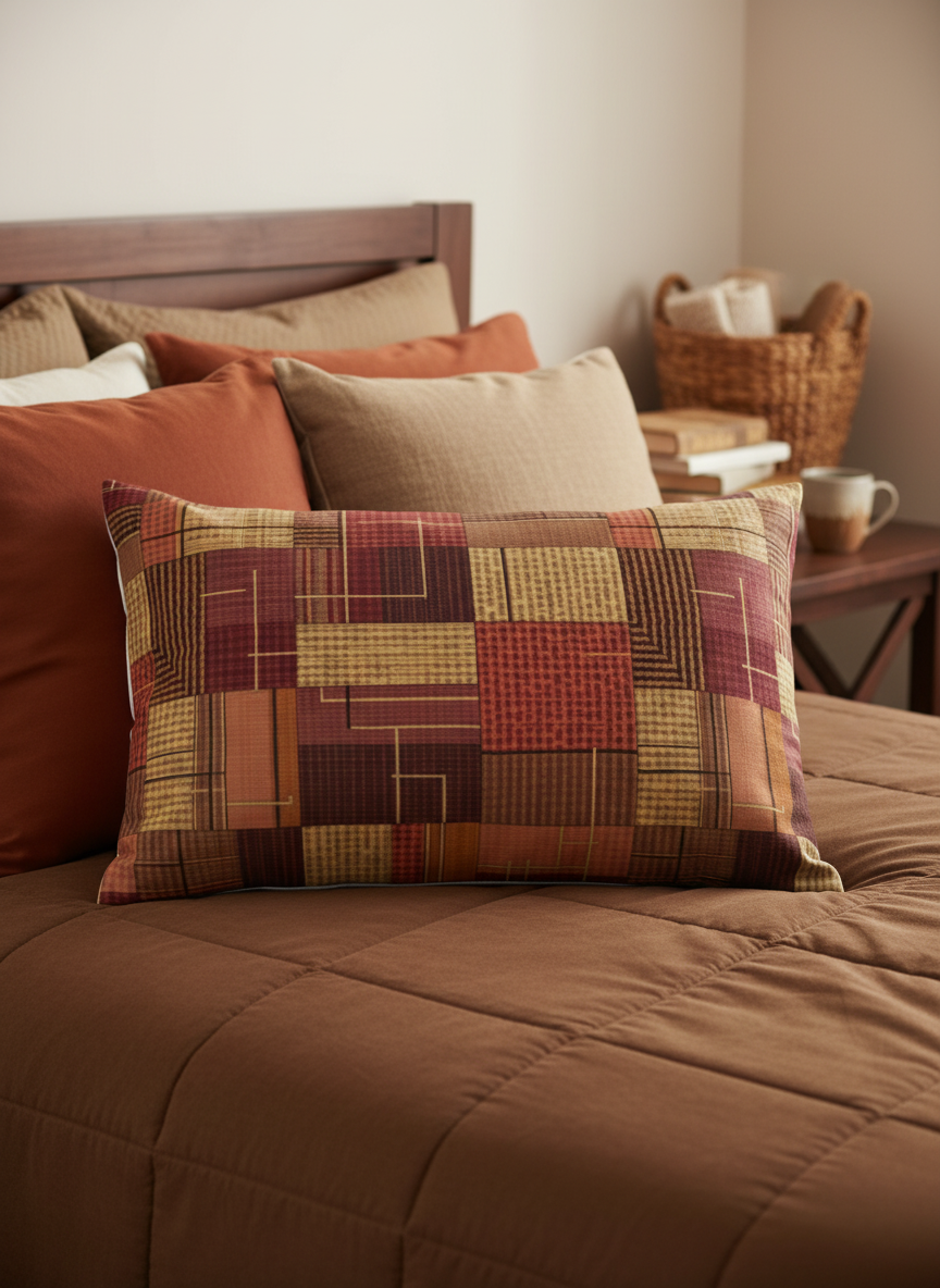 Patchwork pillow with a geometric pattern on a white background