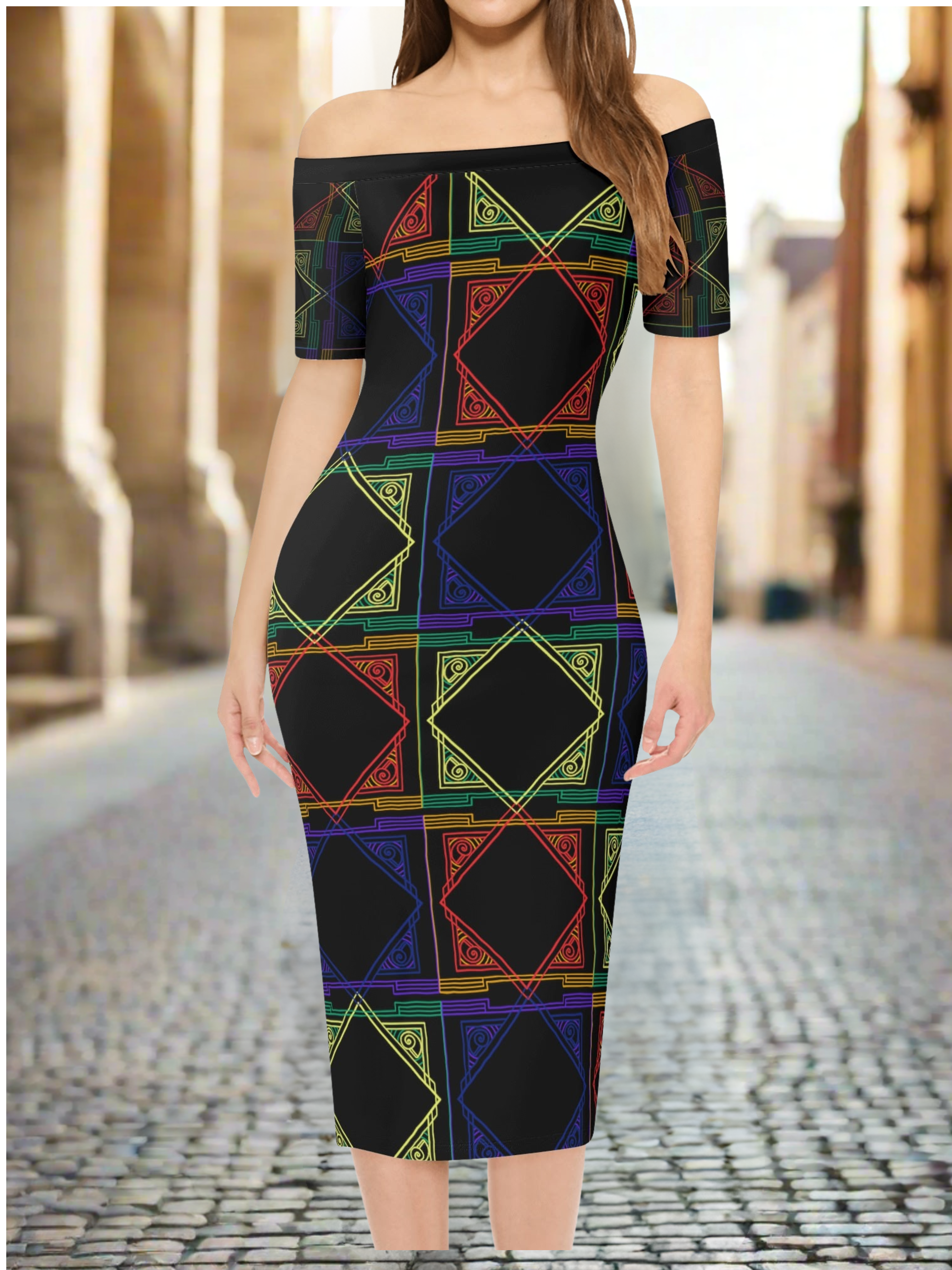 Woman wearing a colorful geometric-patterned dress on a cobblestone street.