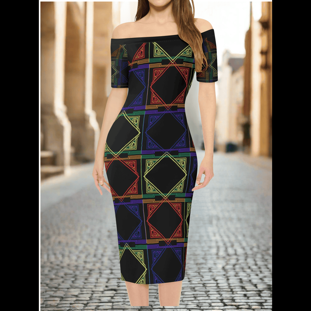 Rainbow Printed Bardot Style Dress - Art Deco Inspired Polyester Womens Dress for Date Night & Club