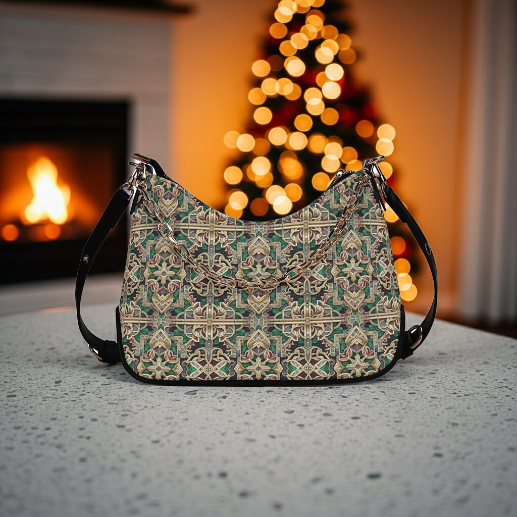 Patterned handbag on a surface with a fireplace and blurred lights in the background