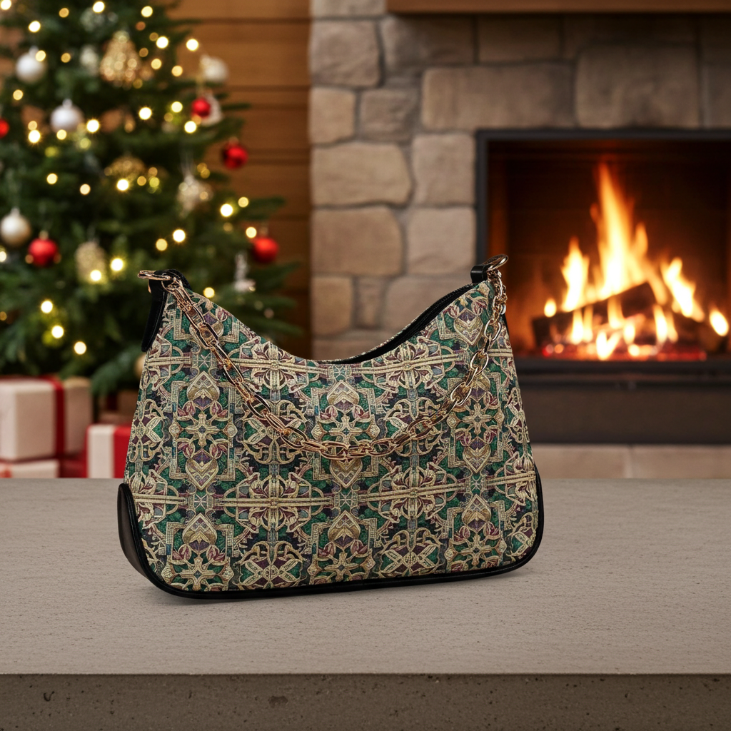 Patterned handbag on a surface with a Christmas tree and fireplace in the background