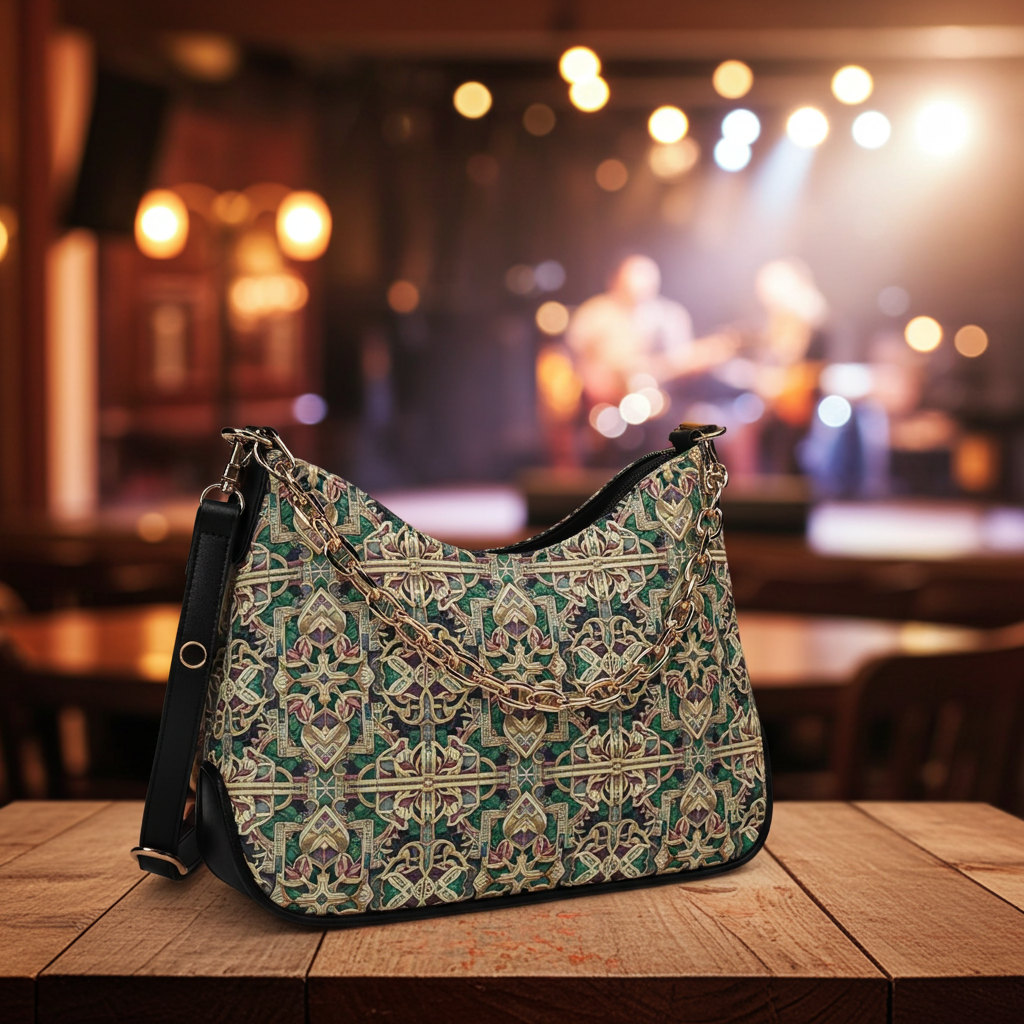 Patterned handbag on a wooden table with a blurred bar background