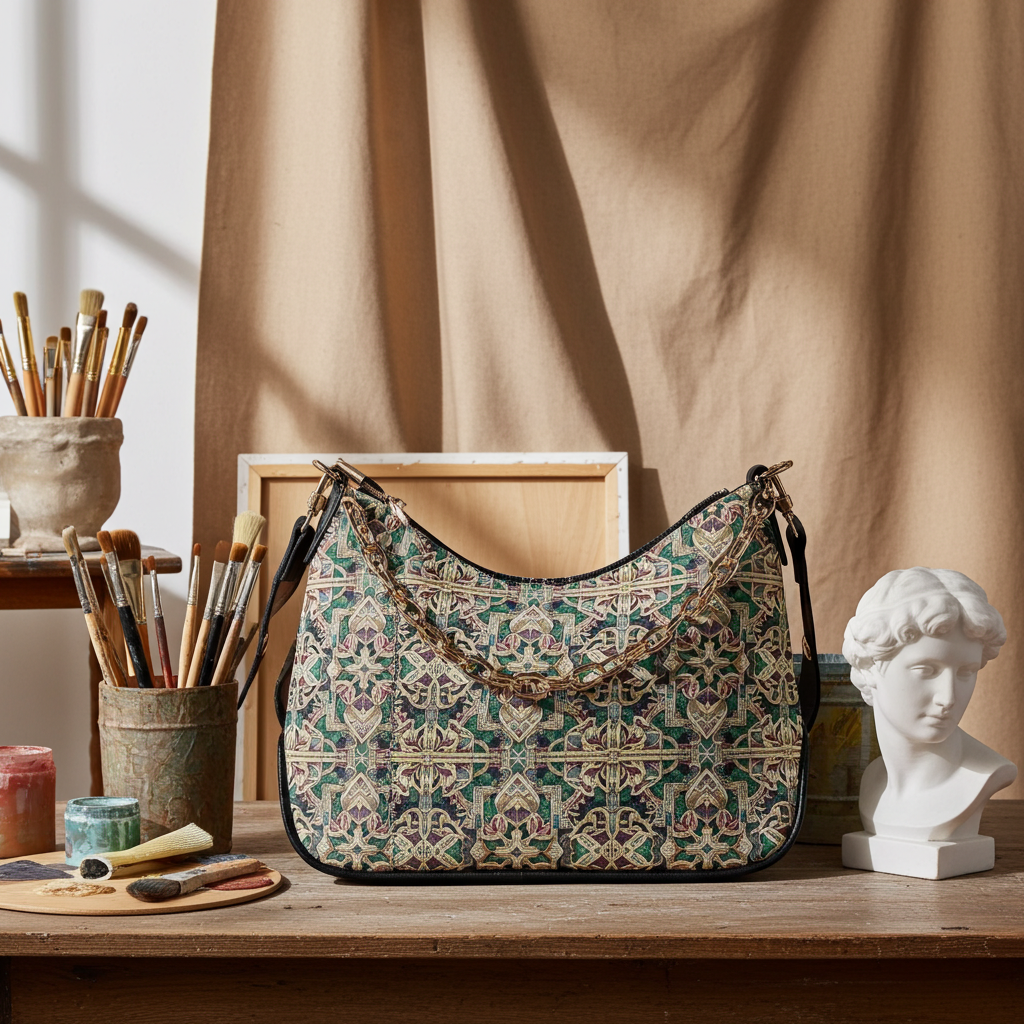 Patterned handbag on a wooden surface with art supplies and a bust in the background