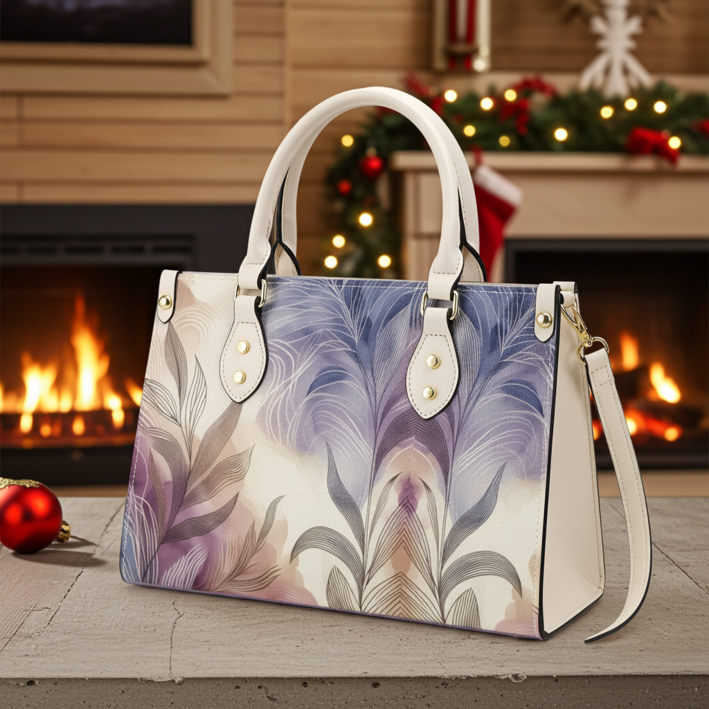 Handbag with feather pattern in front of a fireplace during Christmas.