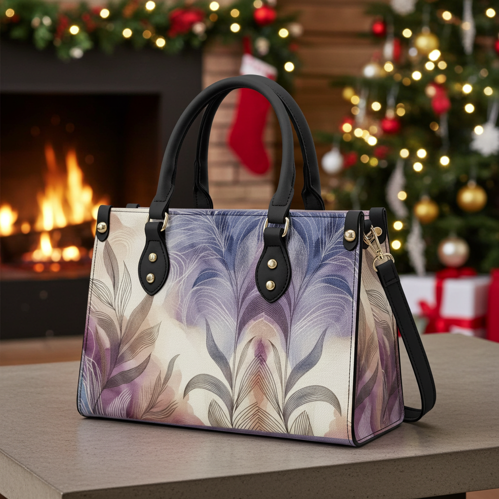 Handbag with feather pattern on a table in front of a Christmas tree and fireplace.