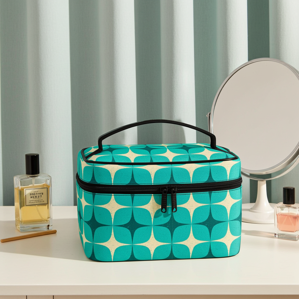 Teal and white patterned cosmetic bag on a table with a mirror and perfume bottle in the background.