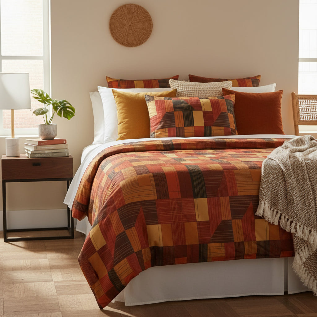 Bedroom with a bed covered in a patchwork quilt and pillows, next to a nightstand with a lamp.