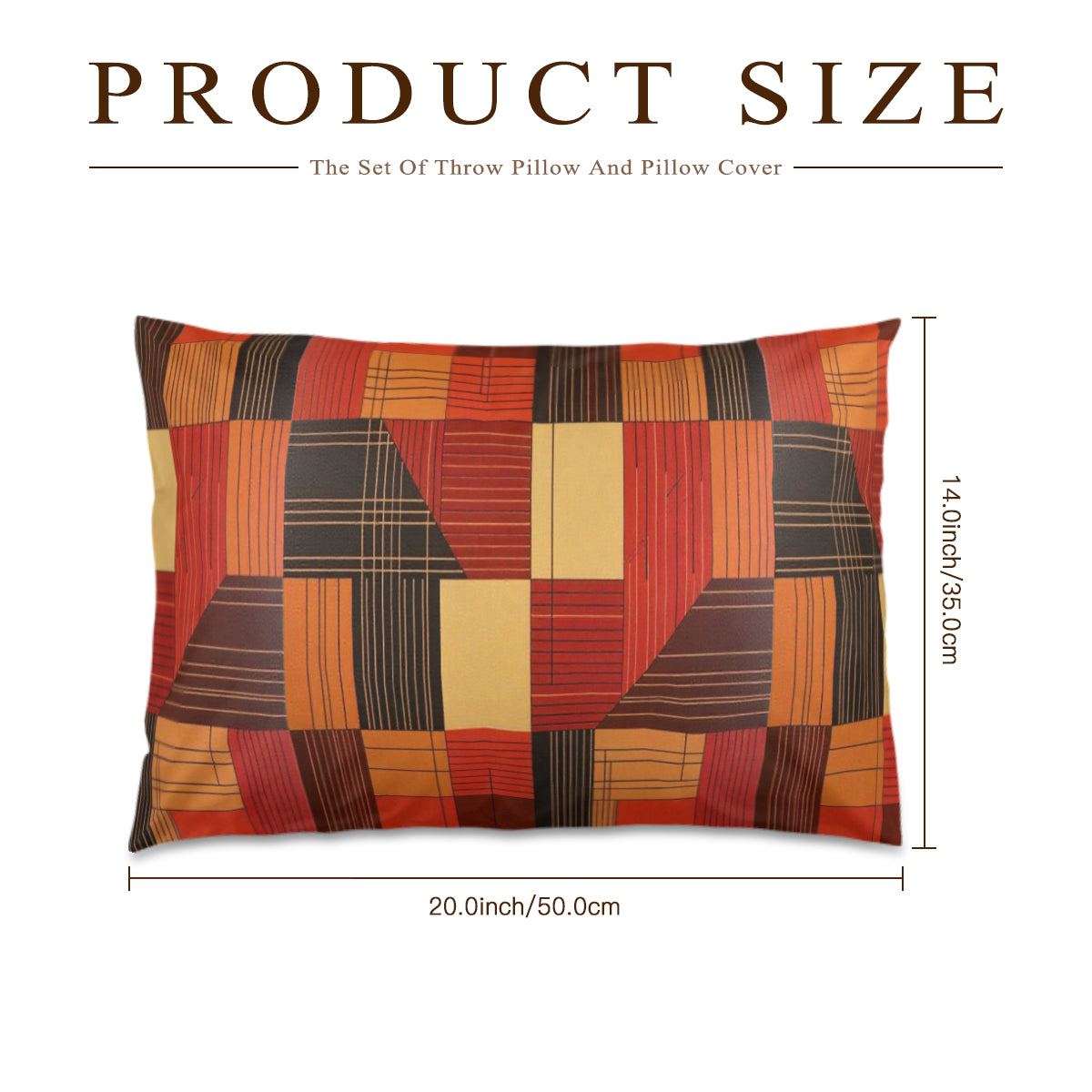 Patterned throw pillow with dimensions on a white background