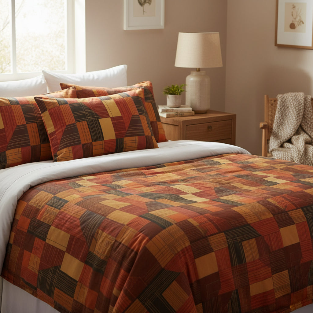 Bedroom with a bed covered in a multicolored quilt, pillows, and a lamp on a nightstand.