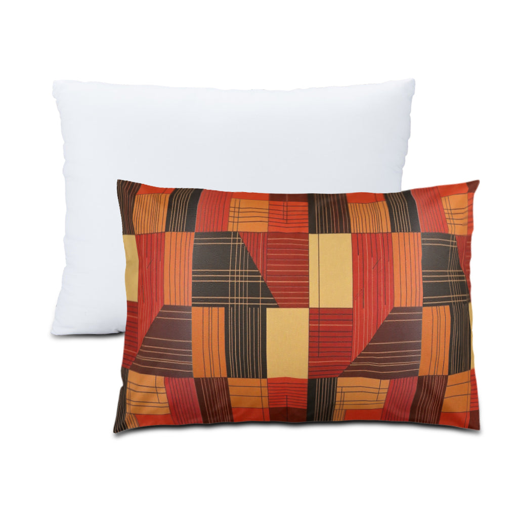 Colorful geometric-patterned pillow on a white background