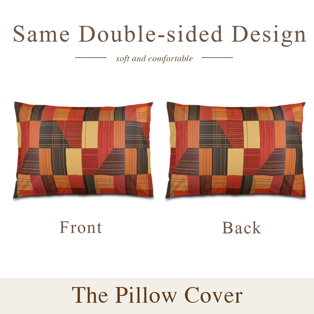 Two pillow covers with a geometric pattern, one showing front and the other back, on a white background.