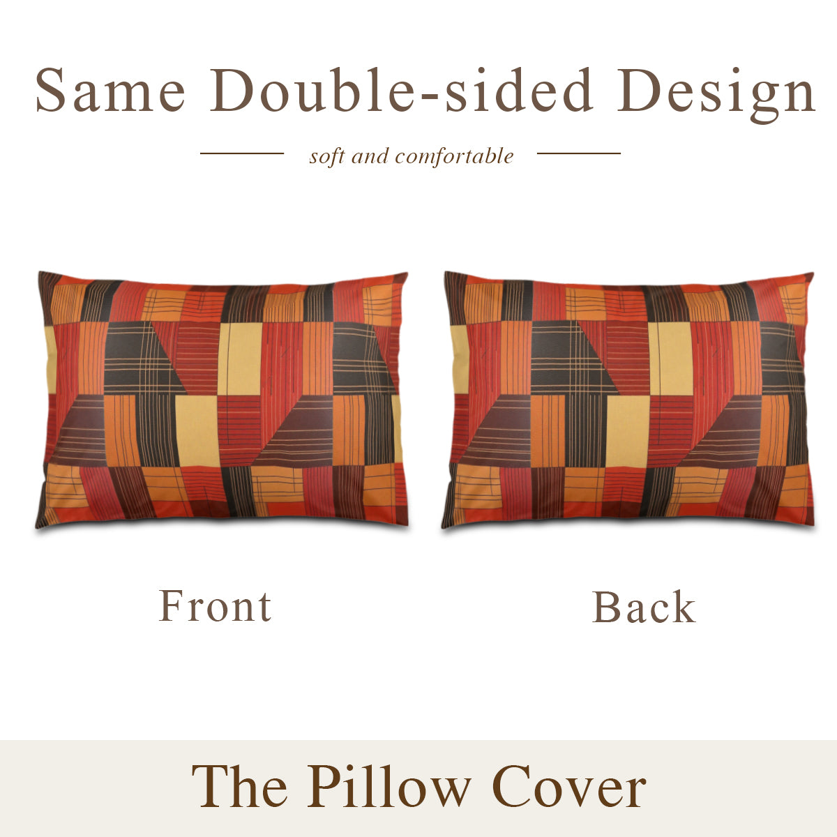 Two pillow covers with a geometric pattern, one showing front and the other back, on a white background.