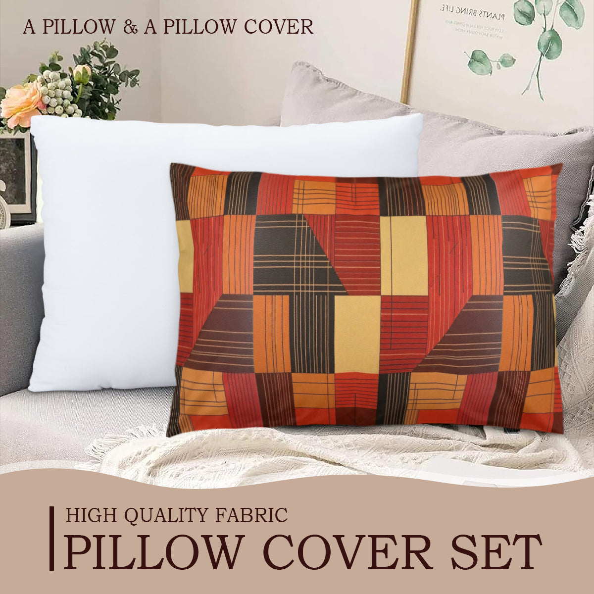 Colorful geometric-patterned pillow on a sofa with text about a pillow and pillow cover set.