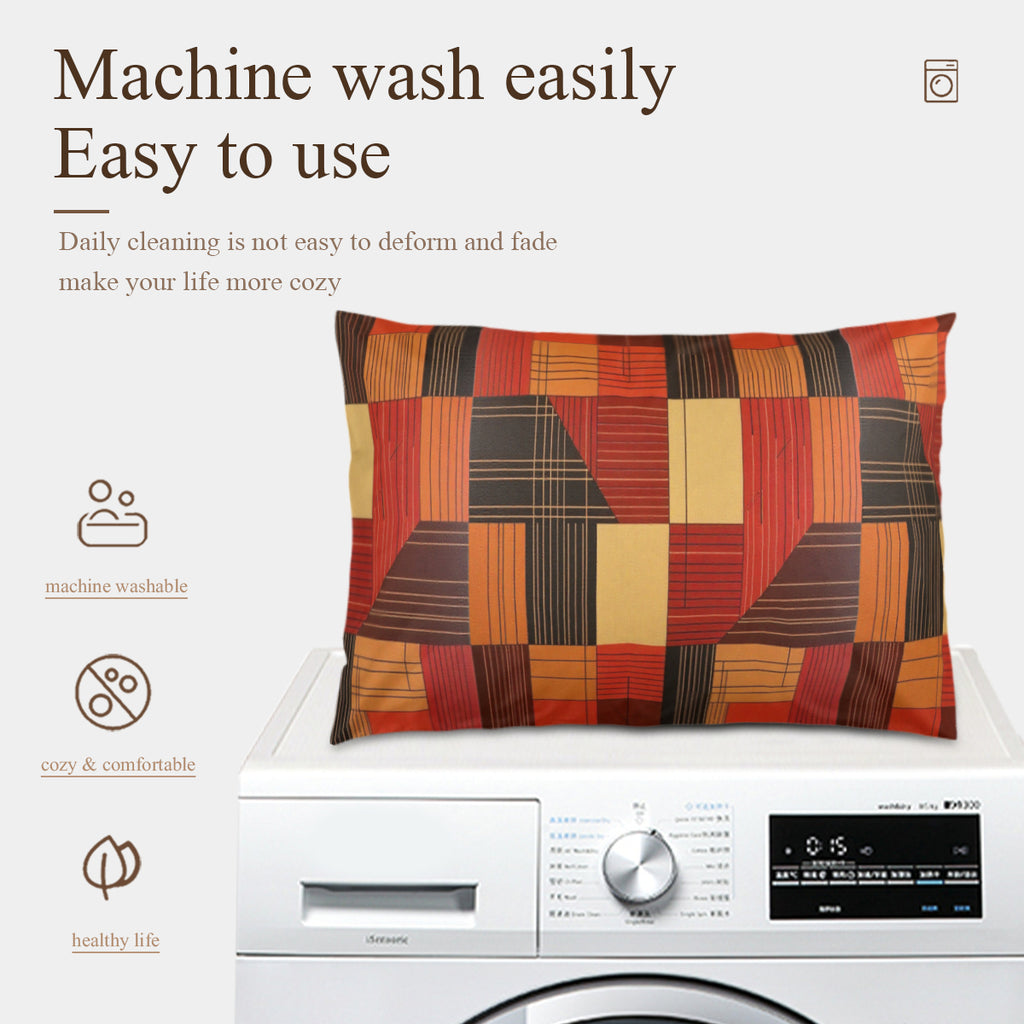 Multicolored patchwork pillow on a washing machine with text about machine washability.