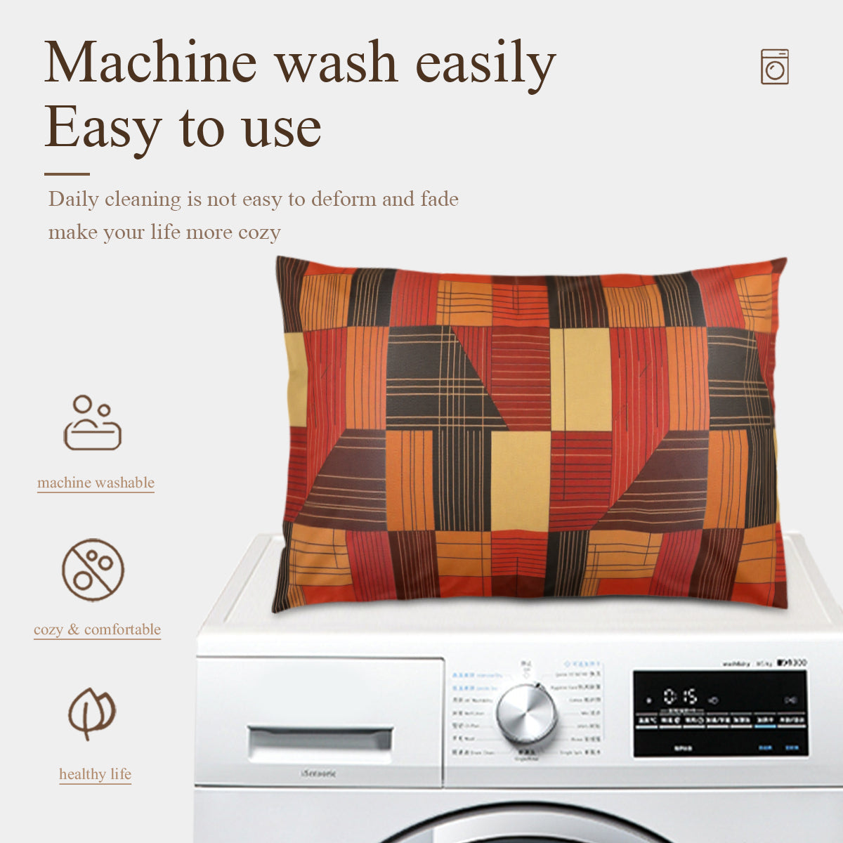 Multicolored patchwork pillow on a washing machine with text about machine washability.