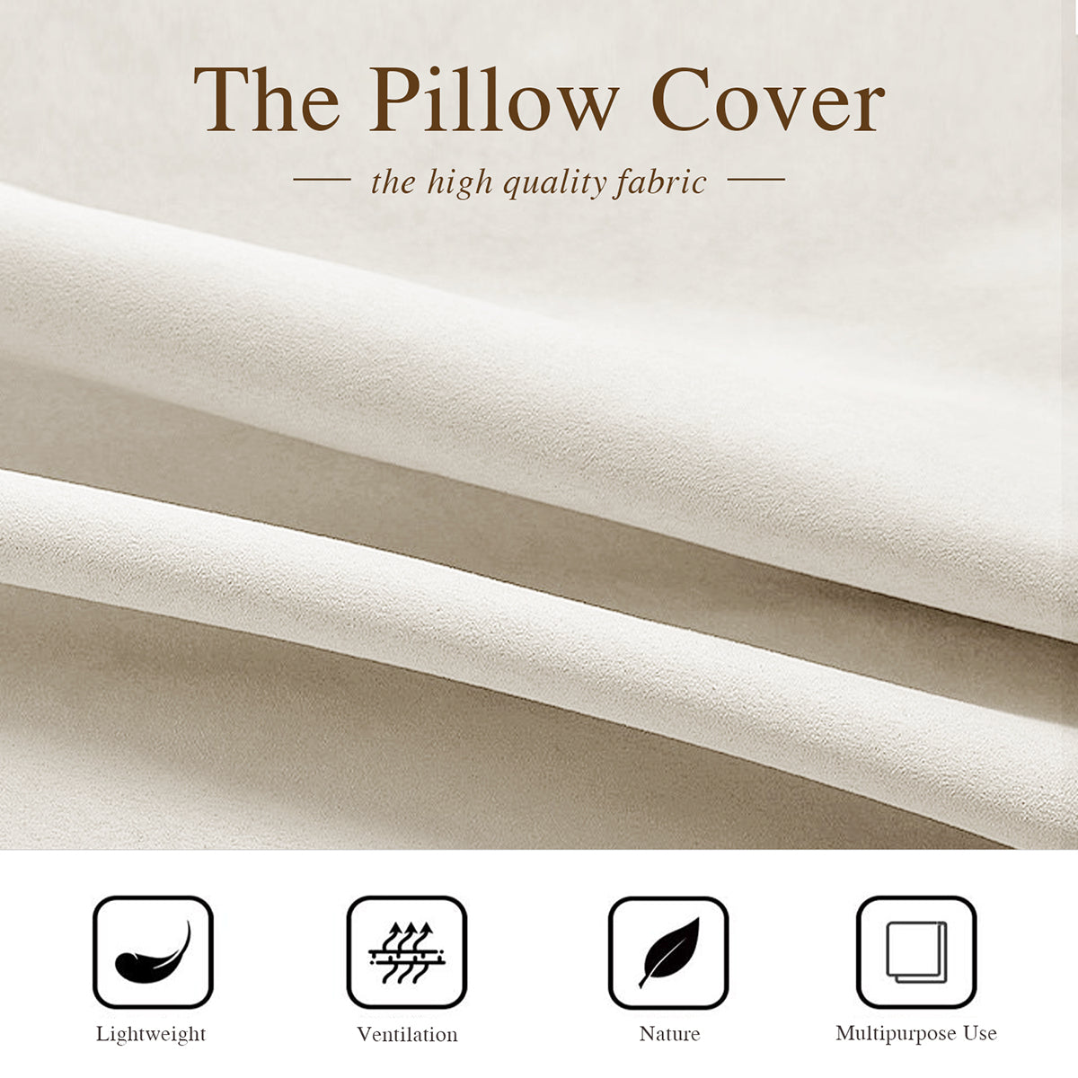 High-quality fabric pillow cover with text and icons indicating features.