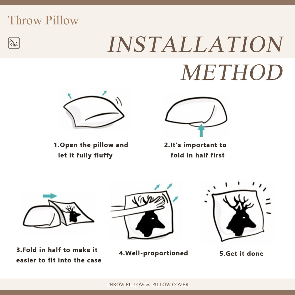 Installation method diagram for a throw pillow with step-by-step instructions.