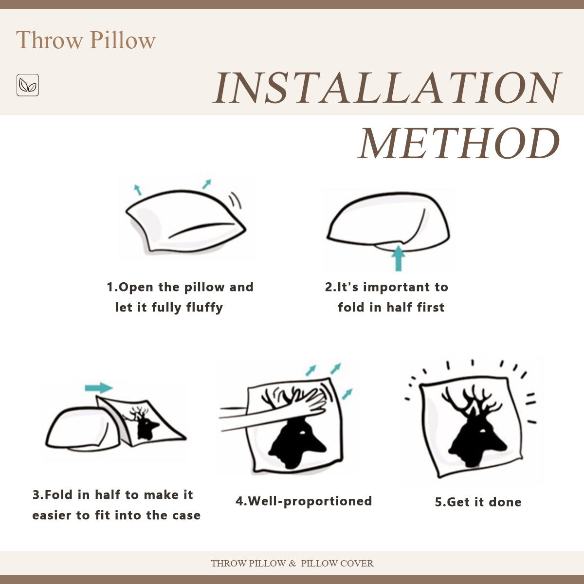 Installation method diagram for a throw pillow with step-by-step instructions.
