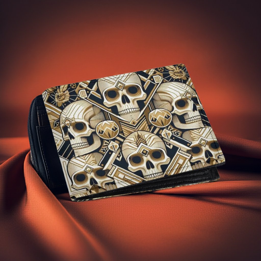 Gothic-Inspired Minimalist Wallet for Men - Vintage PU Leather with Floral & Skull Motifs - Compact Card Organizer