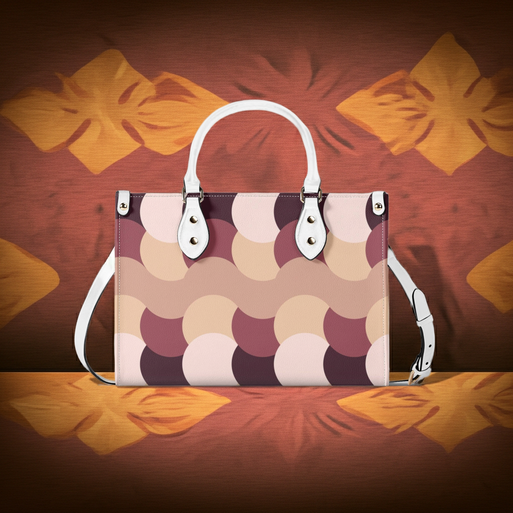 Patterned handbag with white handles and strap on a floral background