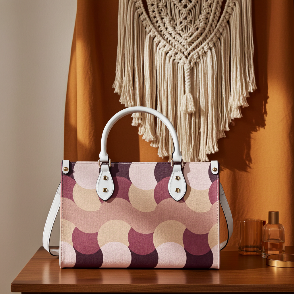 Patterned handbag on a wooden surface with a macrame wall hanging in the background