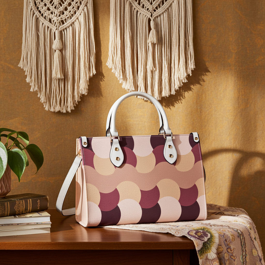 Patterned handbag on a wooden surface with a decorative wall and plant in the background