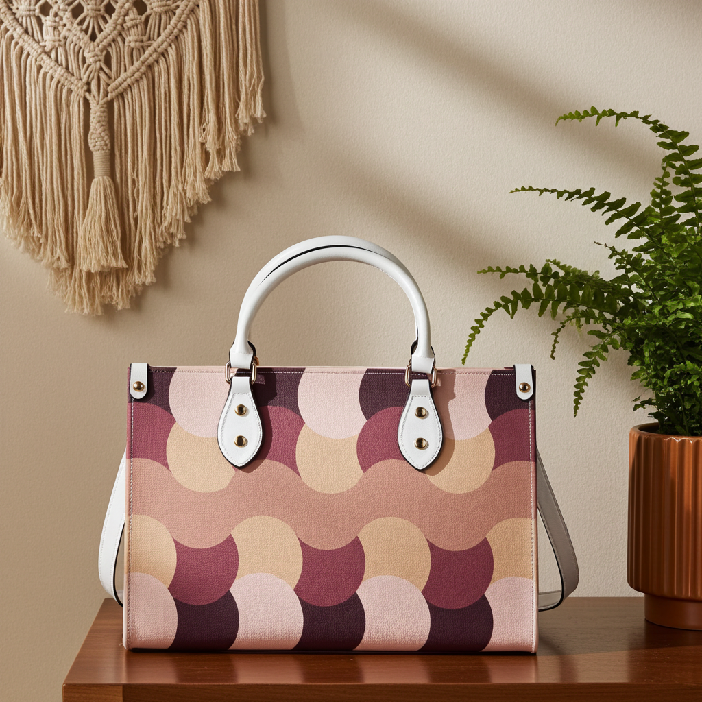 Patterned handbag with white handles on a wooden surface against a beige wall with decorative elements.