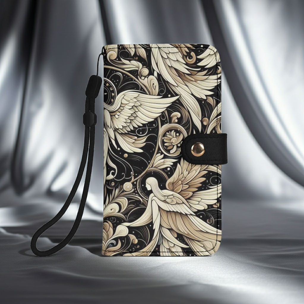 Gothic Elegance Flip Phone Case - Black Leather Art Deco Angels Design