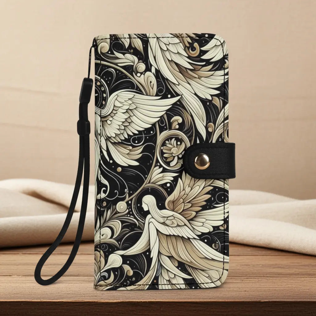 Gothic Elegance Flip Phone Case - Black Leather Art Deco Angels Design