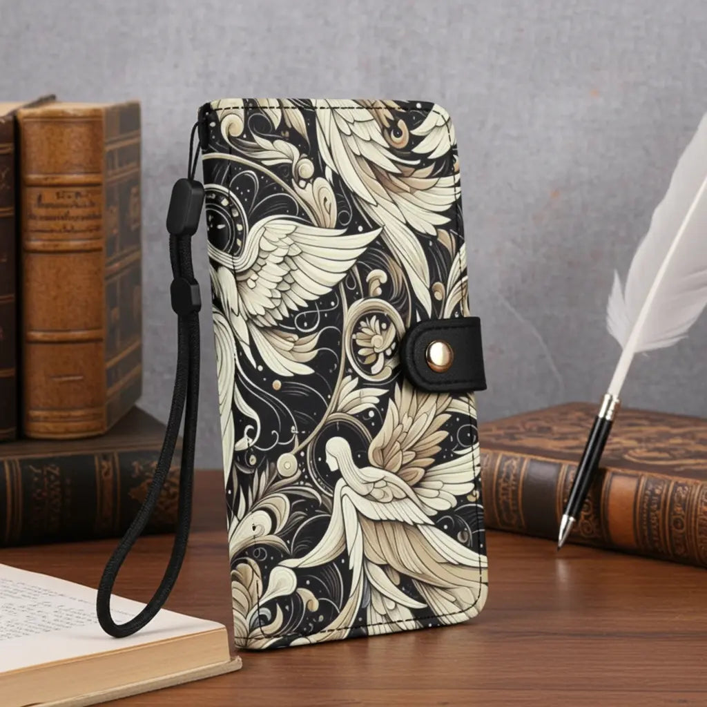 Gothic Elegance Flip Phone Case - Black Leather Art Deco Angels Design