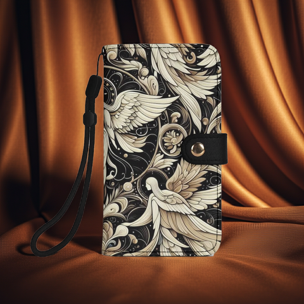 Gothic Elegance Flip Phone Case - Black Leather Art Deco Angels Design