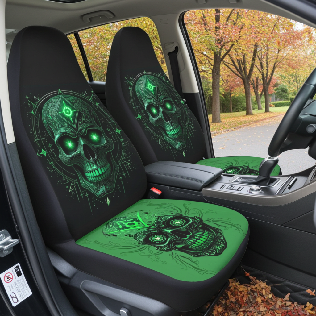 Car interior with green skull design seat covers and matching floor mat.
