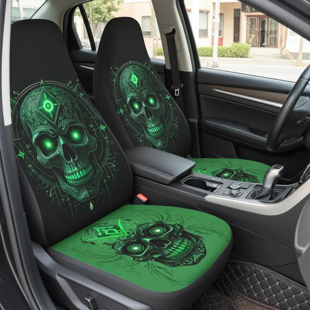 Car seat covers with green skull design inside a vehicle.