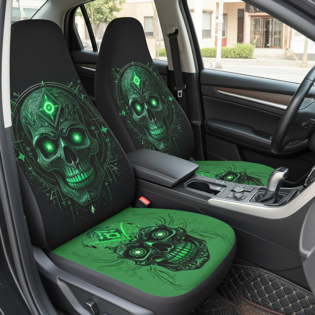 Car seat covers with green skull design inside a vehicle.