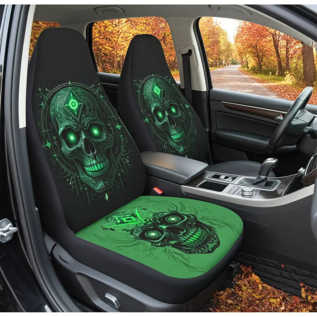 Car seat covers with green skull design on a vehicle interior.
