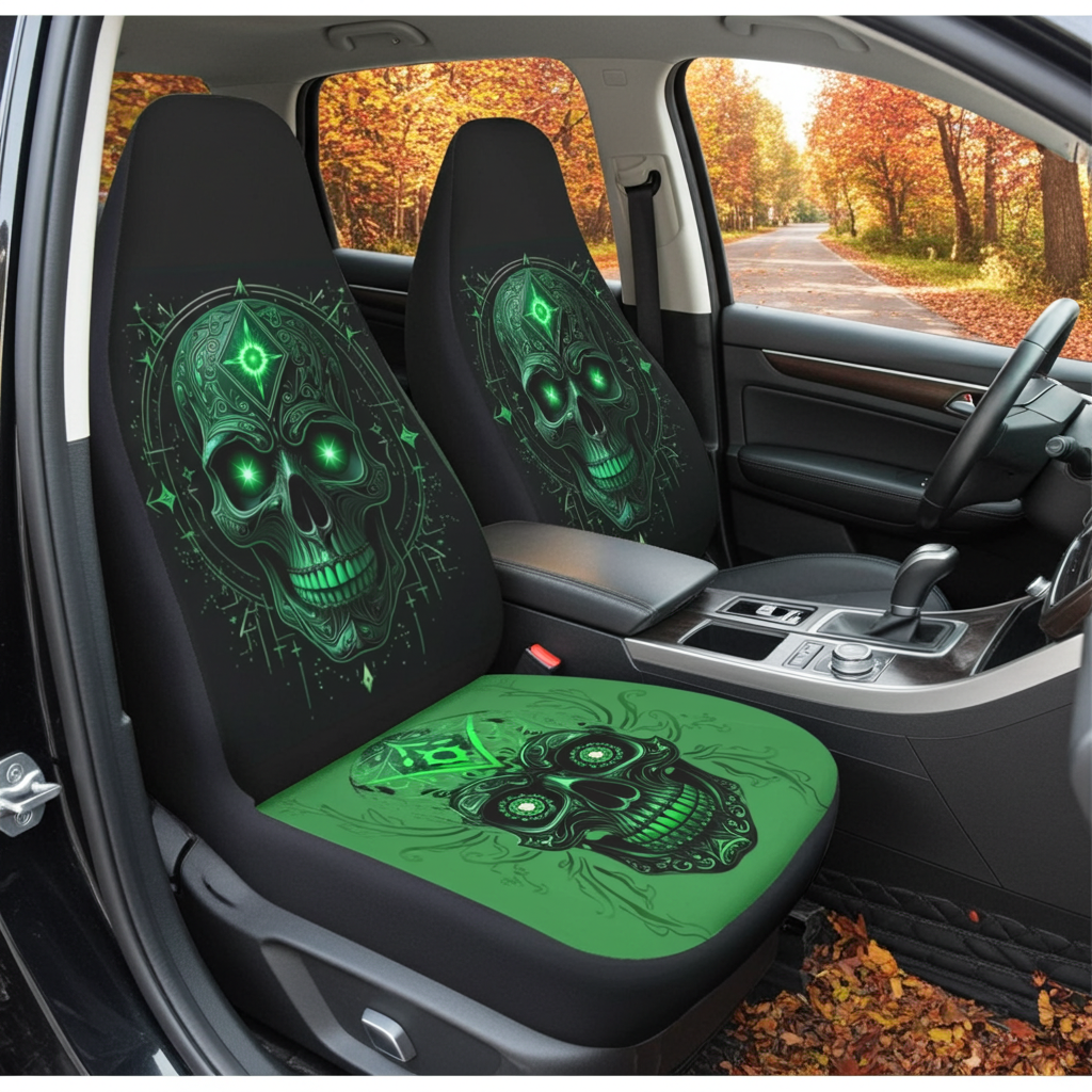Car seat covers with green skull design on a vehicle interior.