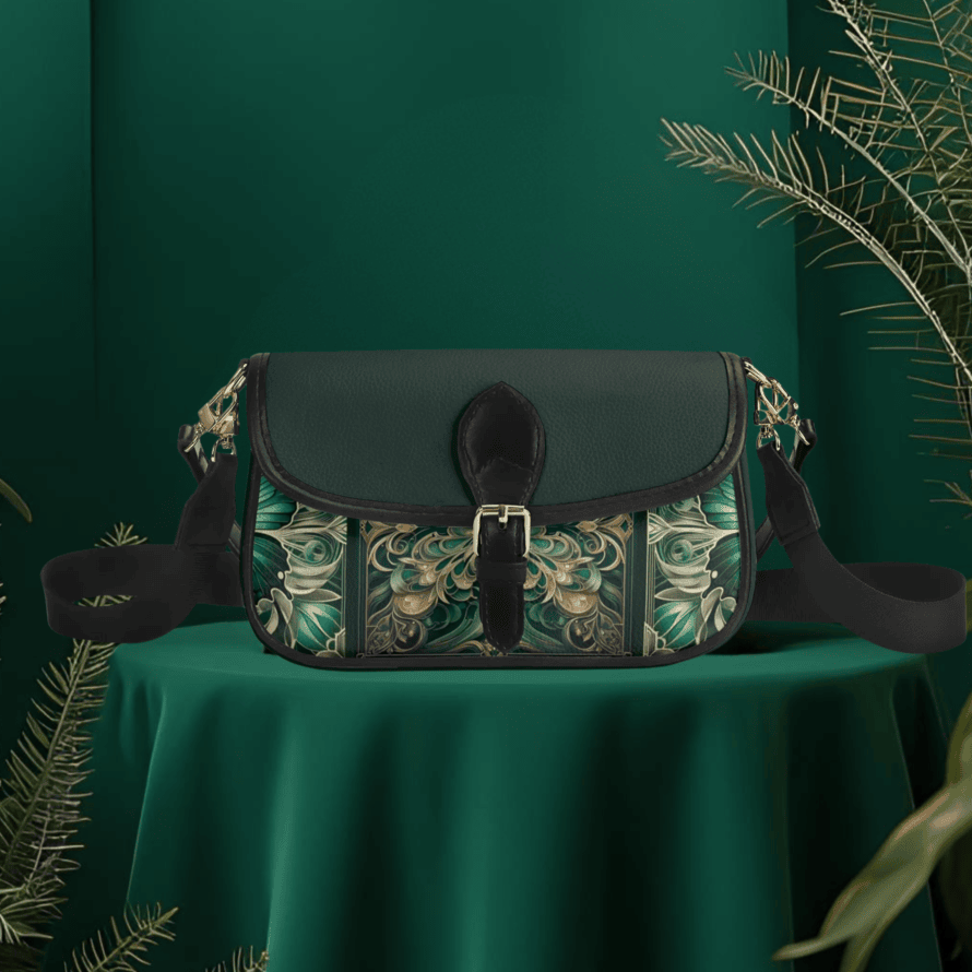 Green patterned bag on a green tablecloth with green leaves around