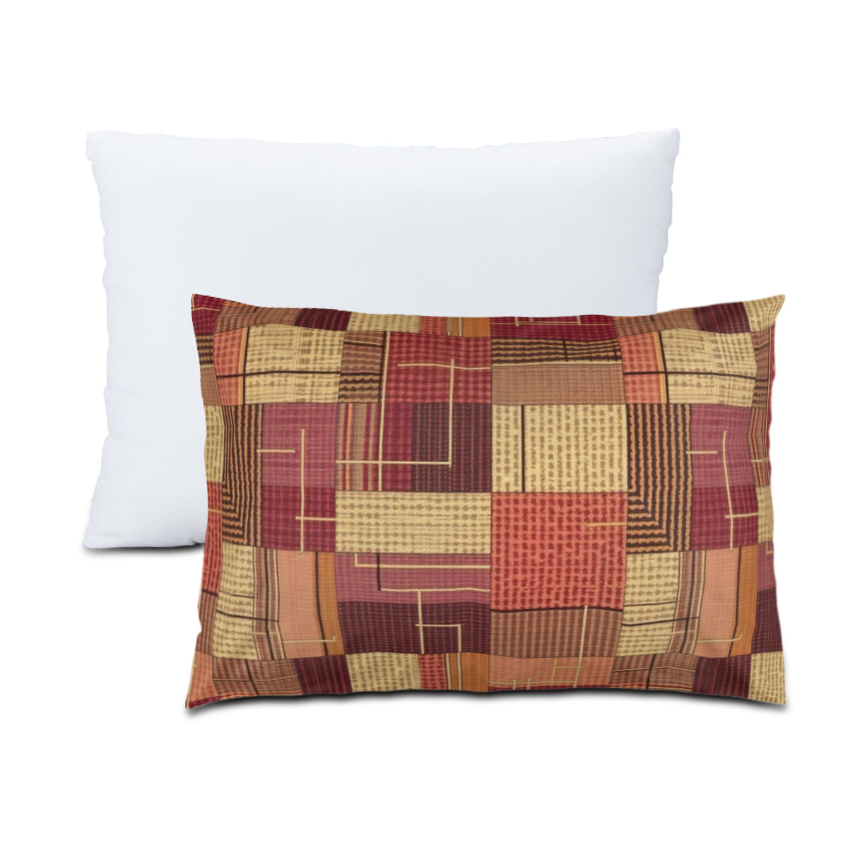 Patchwork pillow with geometric pattern on a white background