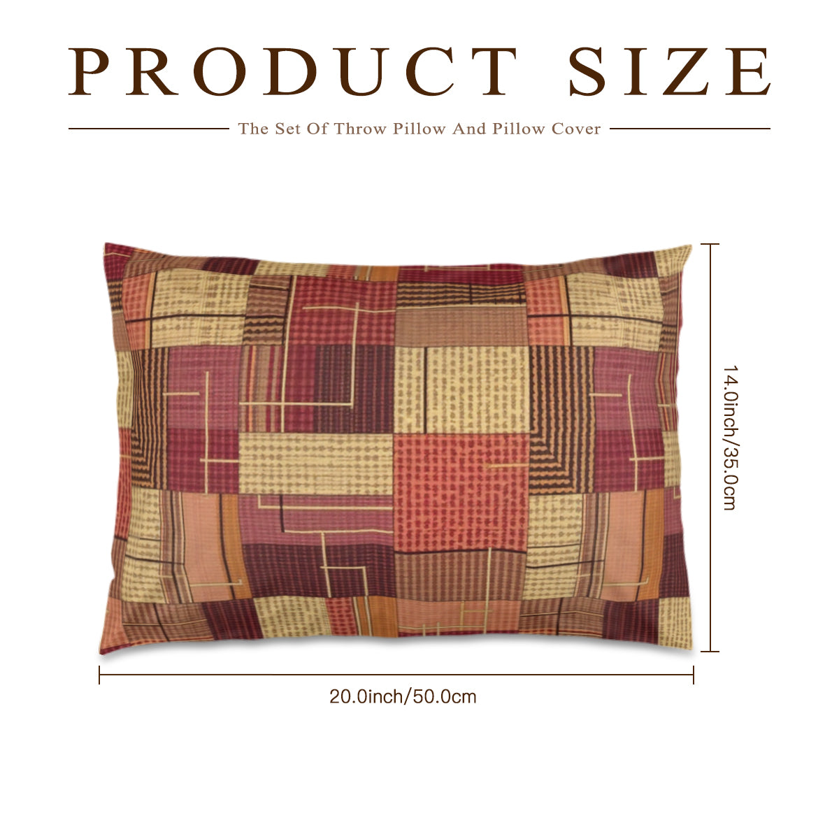 Patchwork patterned pillow with dimensions on a white background