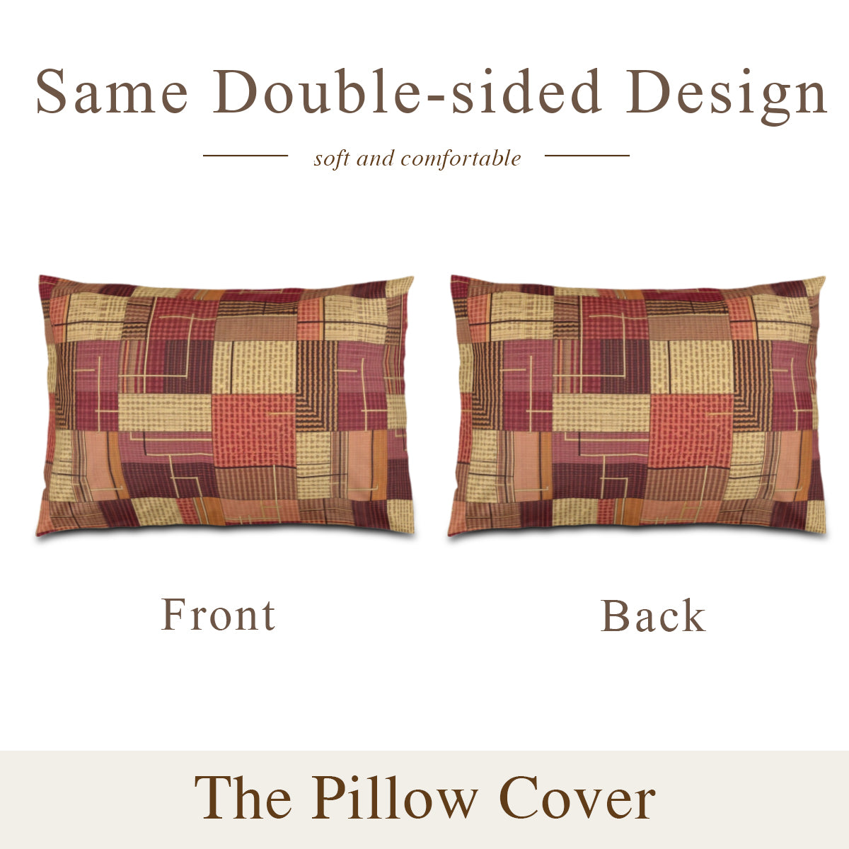 Two pillows showing front and back designs with text indicating same double-sided design.