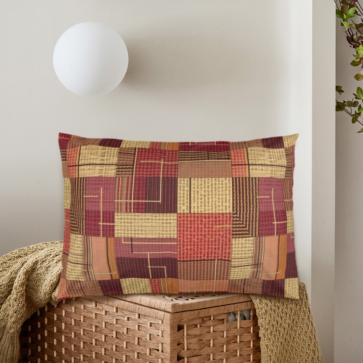 Patchwork pillow on a woven basket against a neutral wall.