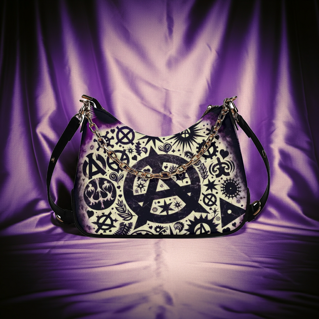 Handbag with black and white symbol design on a purple fabric background