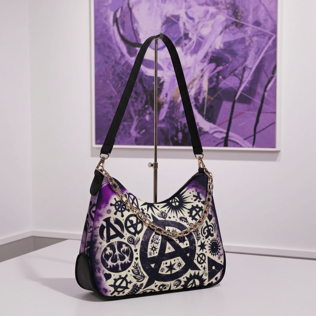 Purple handbag with black and white designs on a white surface with a purple abstract painting in the background.